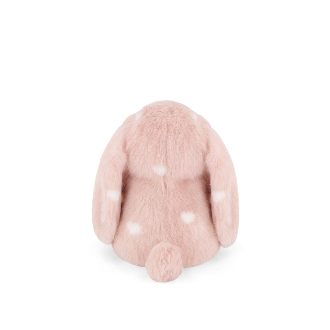 Back of a pink plush bunny with white hearts.