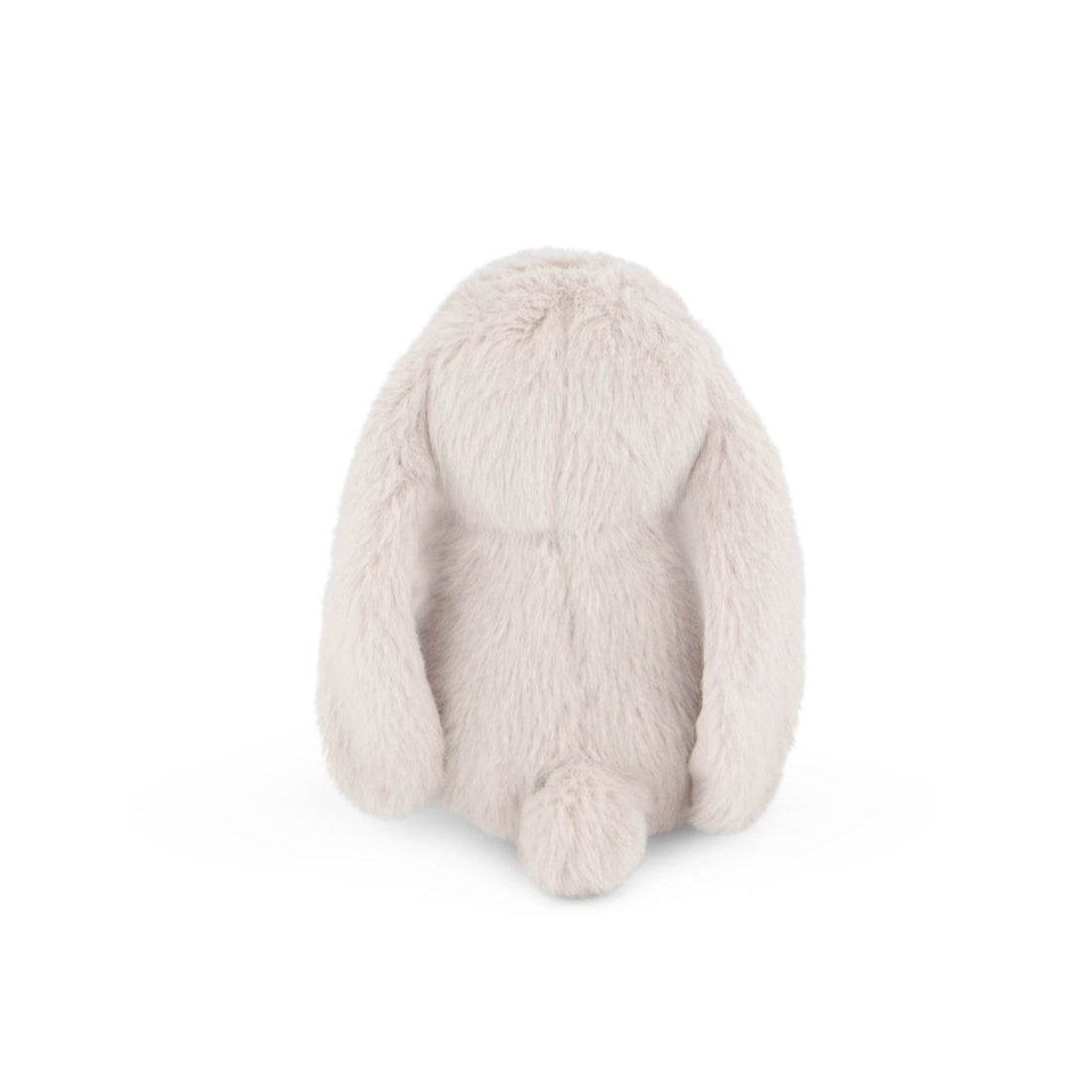 Back of a fluffy, light gray stuffed bunny.