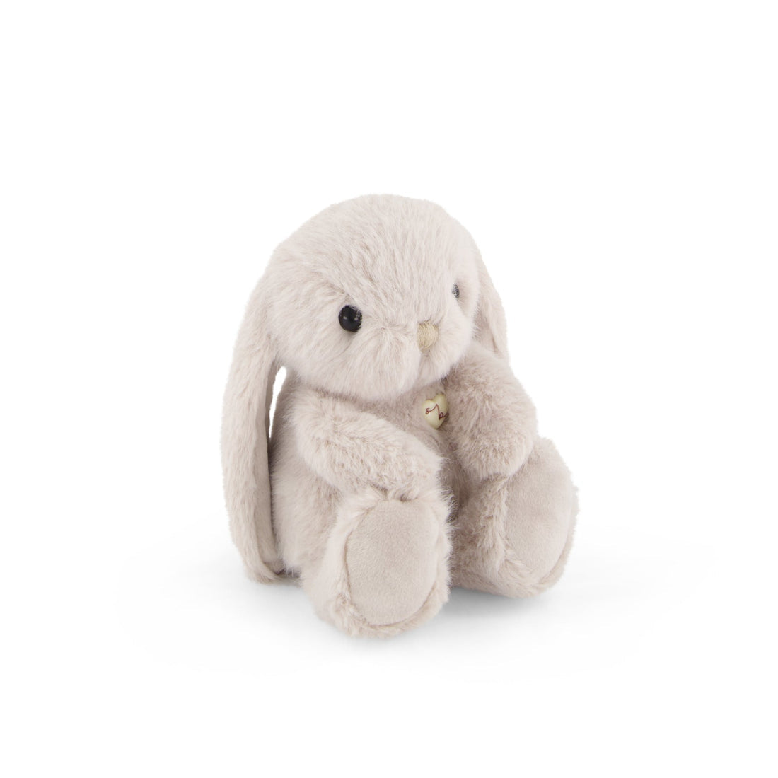 Light tan plush rabbit with black eyes and a decorative button.