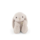 A beige plush bunny with a heart-shaped button.