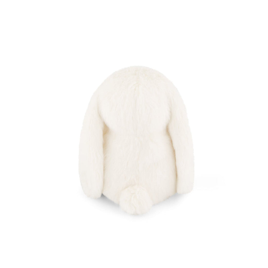 Back view of a fluffy, white bunny plush toy with a small, round tail.