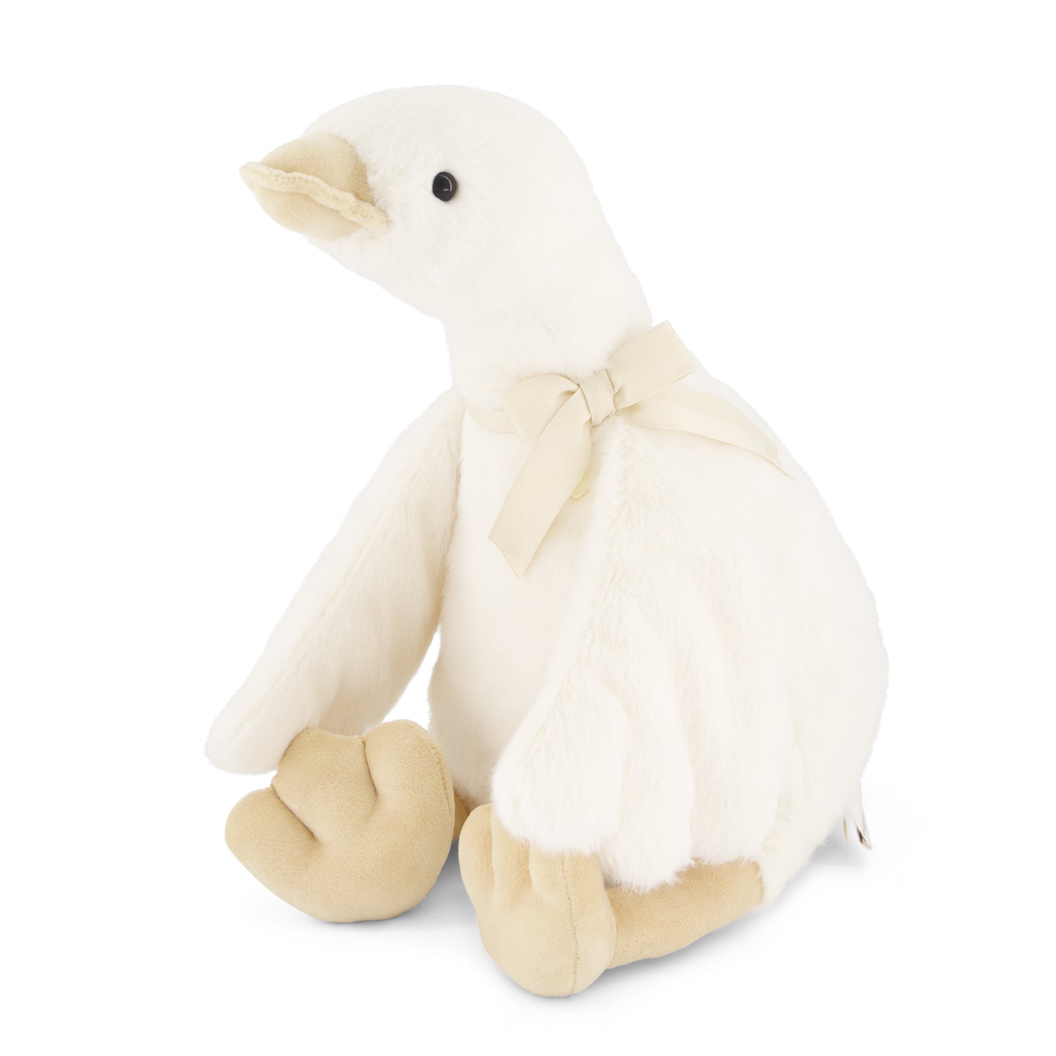 White plush duck toy with a bow on a white background