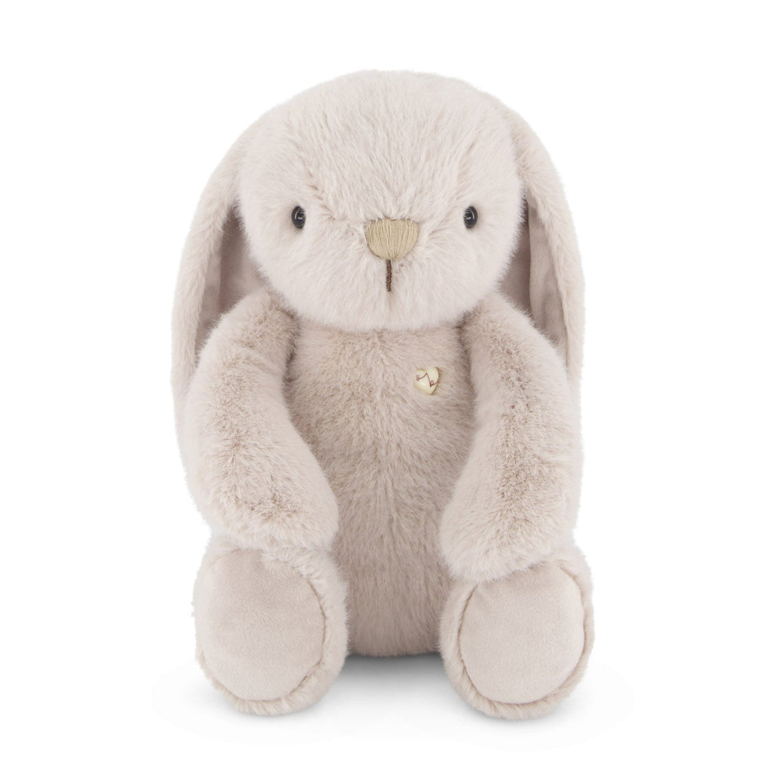 Stuffed bunny with long ears, furry texture, and heart detail.