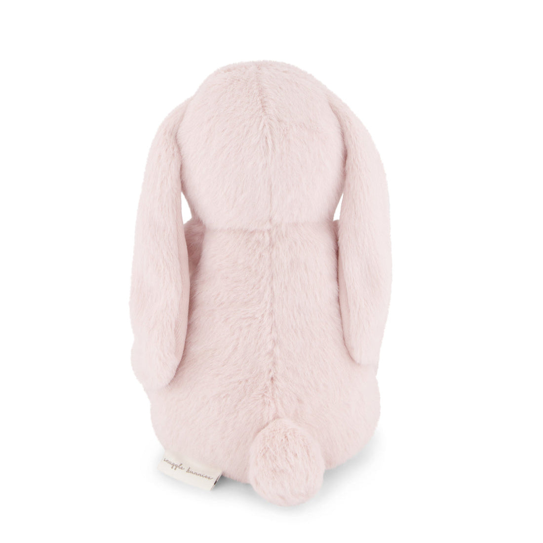 Back view of a pink stuffed bunny toy.