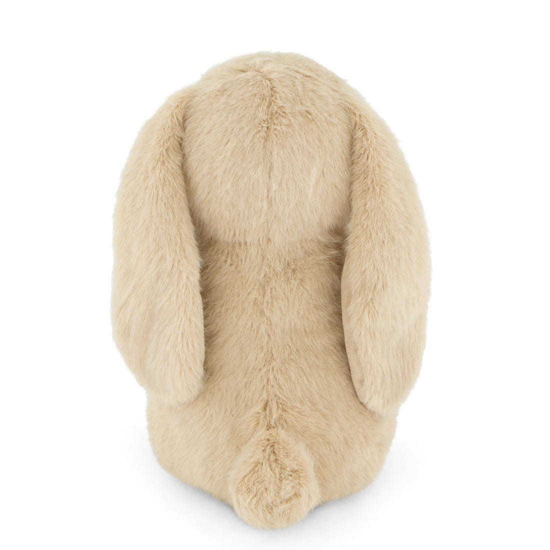 Rear view of a fluffy beige bunny plush toy.
