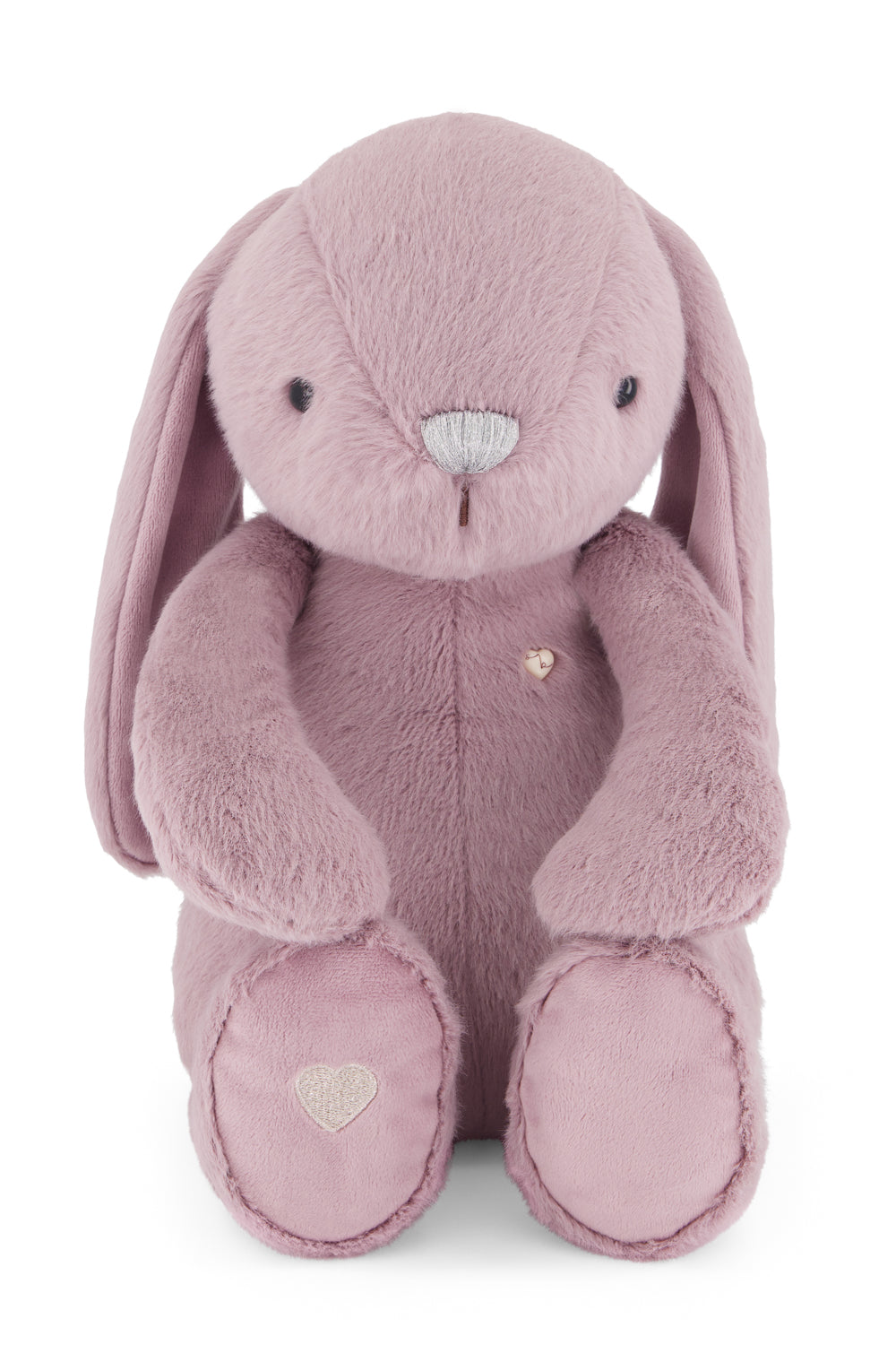 Pink plush bunny toy with heart details on a white background