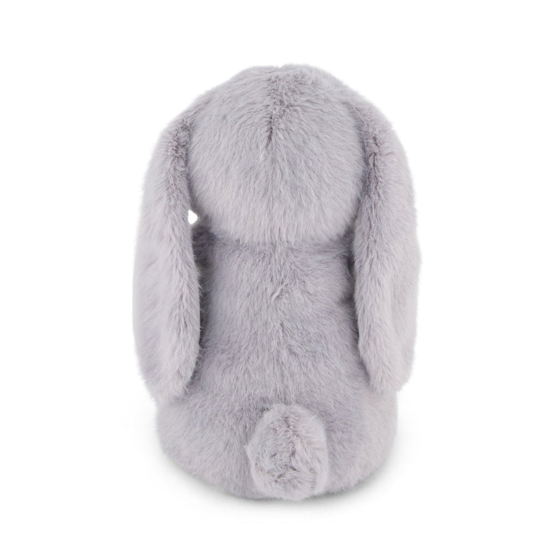 Rear view of a gray plush bunny with long ears and a fluffy tail.