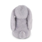 Rear view of a gray plush bunny with long ears and a fluffy tail.