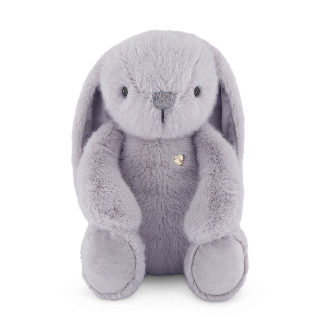 Grey plush bunny with heart detail.