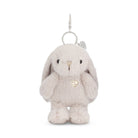 Light grey plush bunny keychain with heart detail.