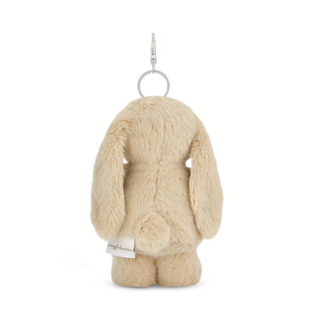 Rear view of beige plush bunny keychain.