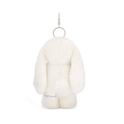 Rear view of a white, fluffy, stuffed bunny keychain.