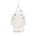 White, plush bunny keychain with silver hardware.