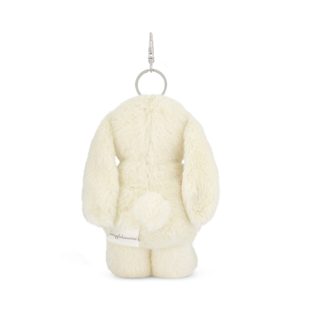 Back view of a cream-colored plush bunny keychain.