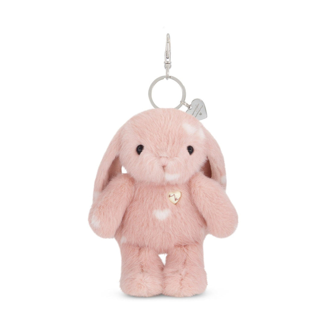 Pink plush bunny with keychain.