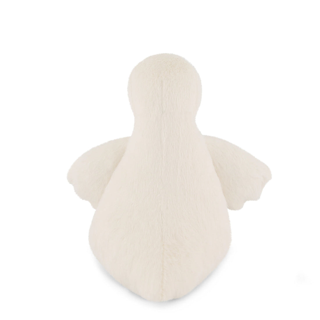 Back view of a cream-colored plush toy bird.