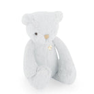 Light blue plush teddy bear with heart-shaped button.
