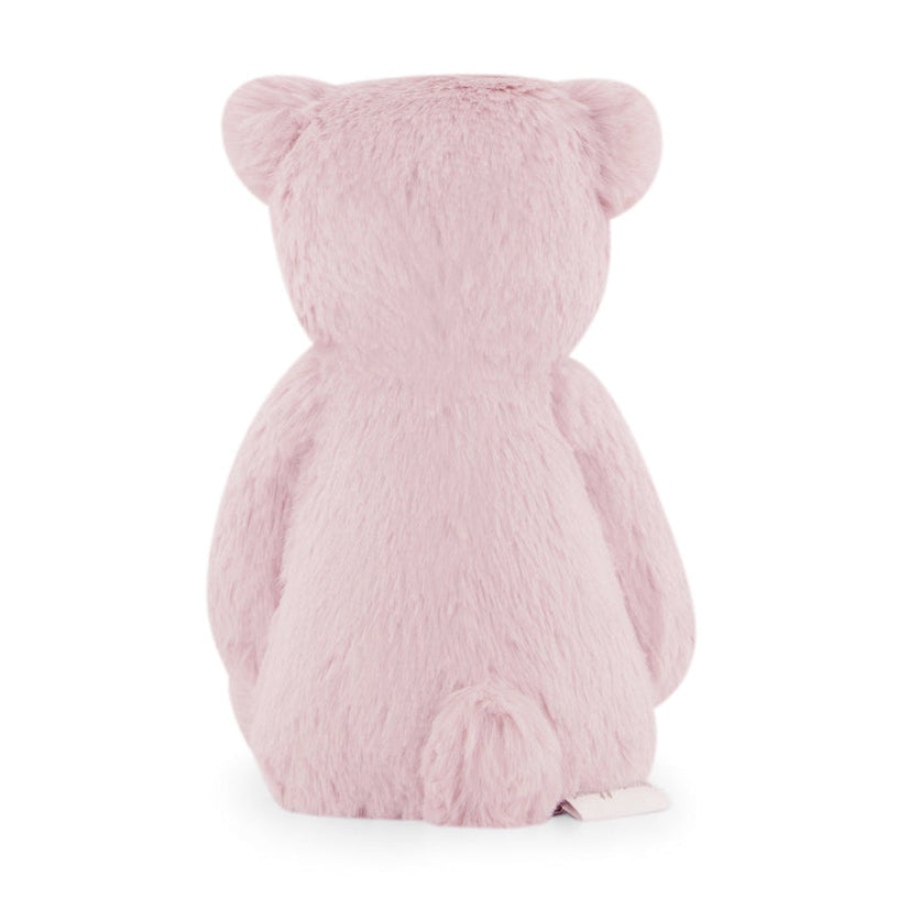 Rear view of a pink teddy bear.