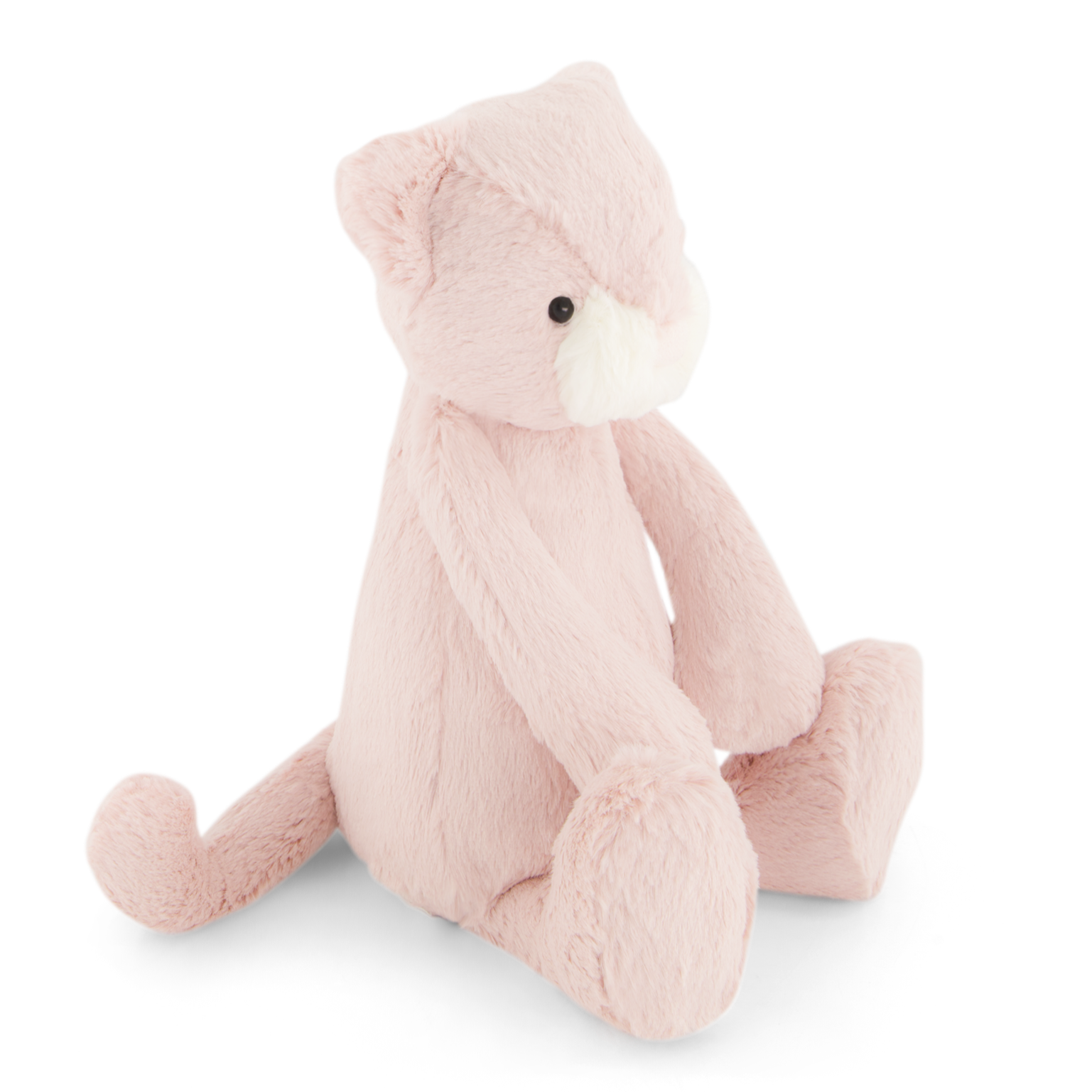 Pink plush toy cat sitting.