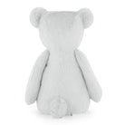 Rear view of a light gray, plush, teddy bear toy.