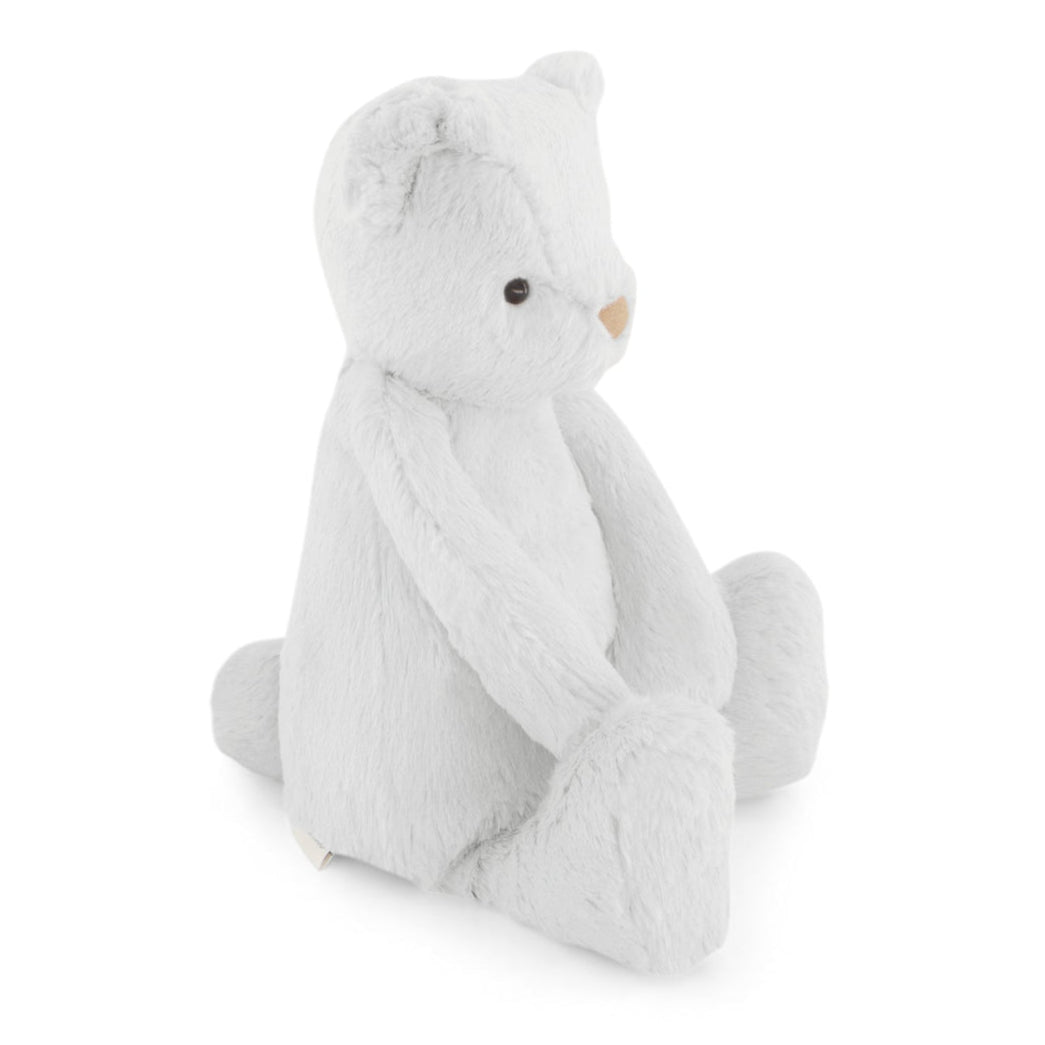 Light gray plush teddy bear sitting.