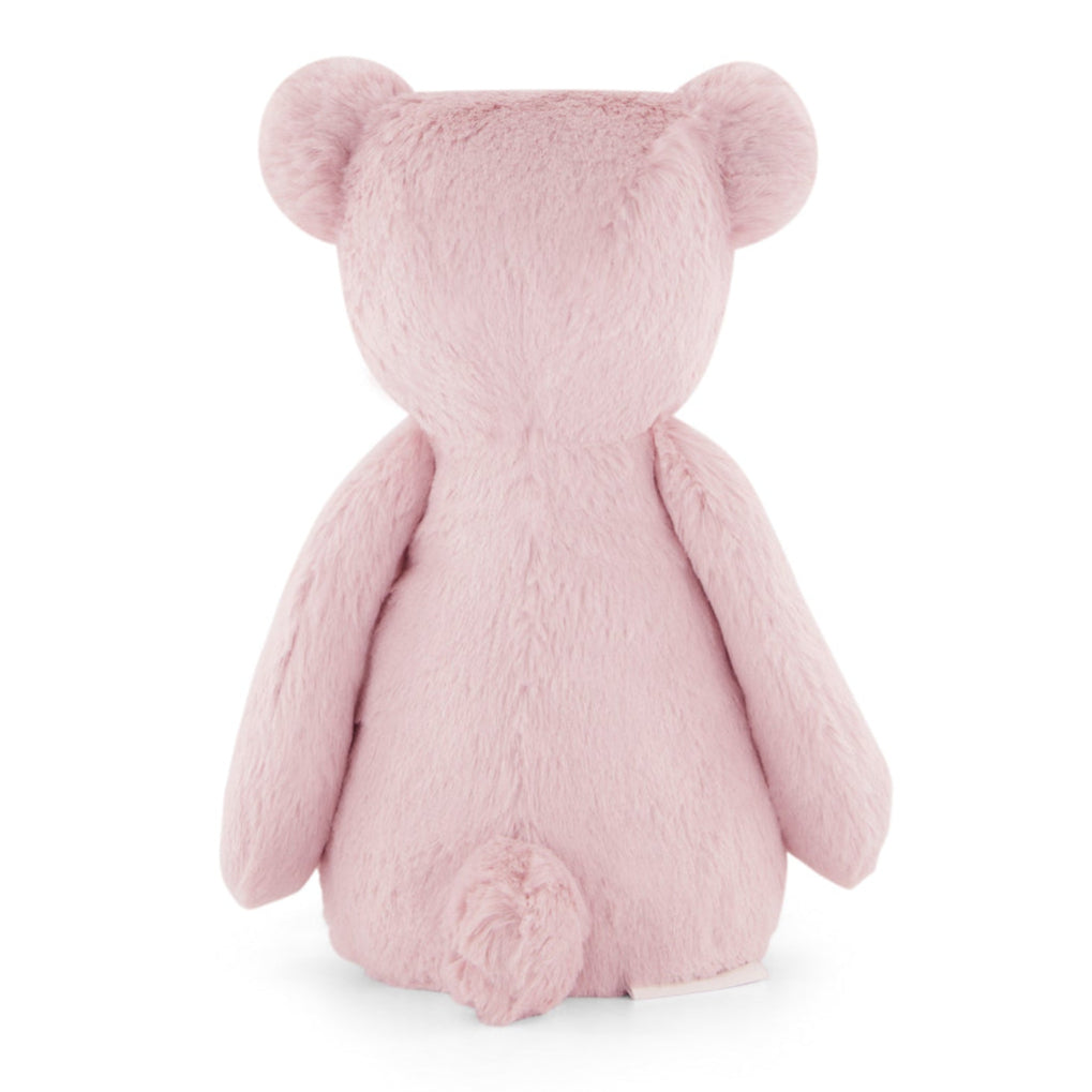 Rear view of a pink plush teddy bear.