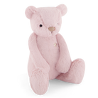 Pink, furry teddy bear with button.