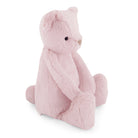 Pink plush teddy bear sitting.