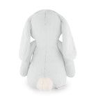 Back of a light blue stuffed bunny with white tail.