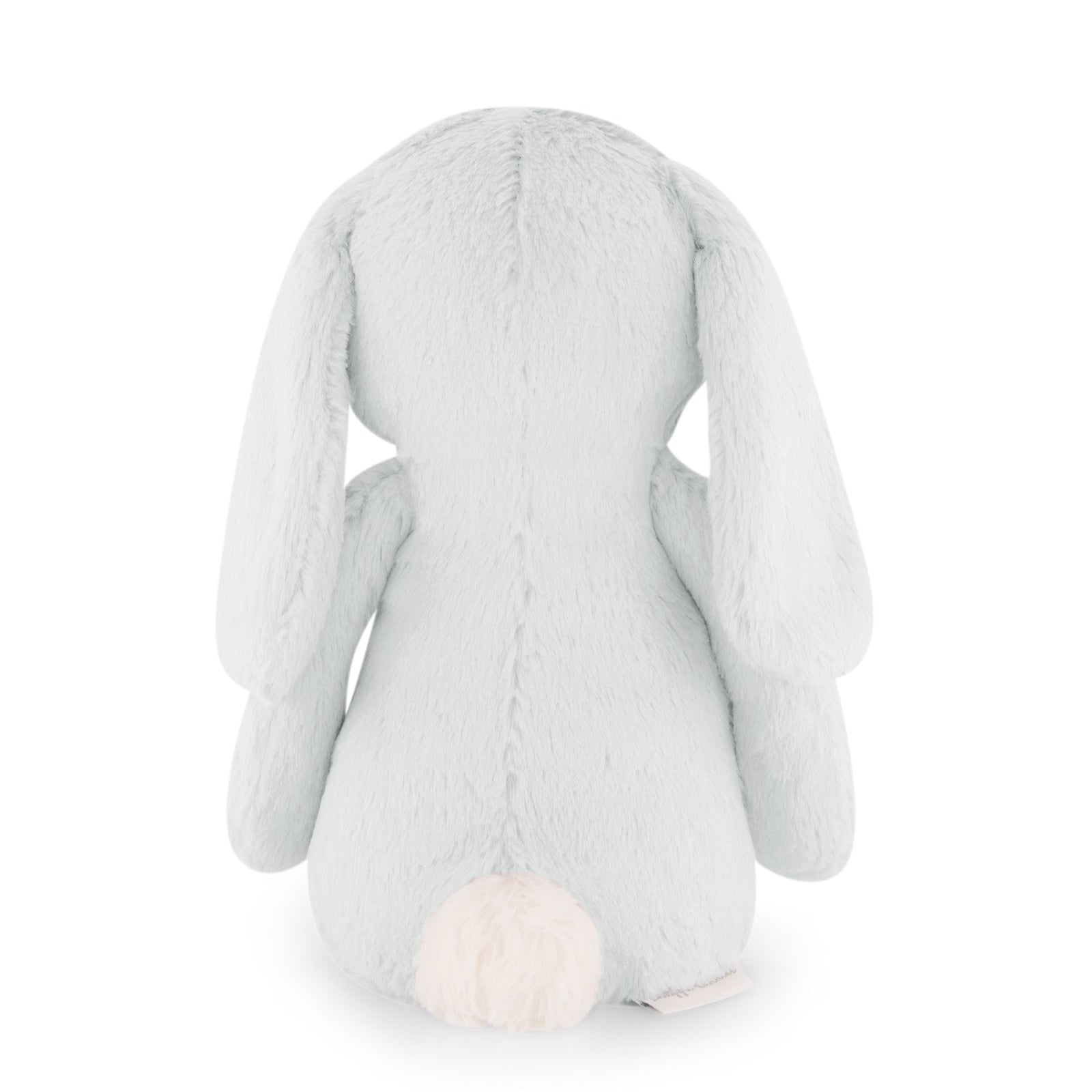 Back of a light blue stuffed bunny with white tail.