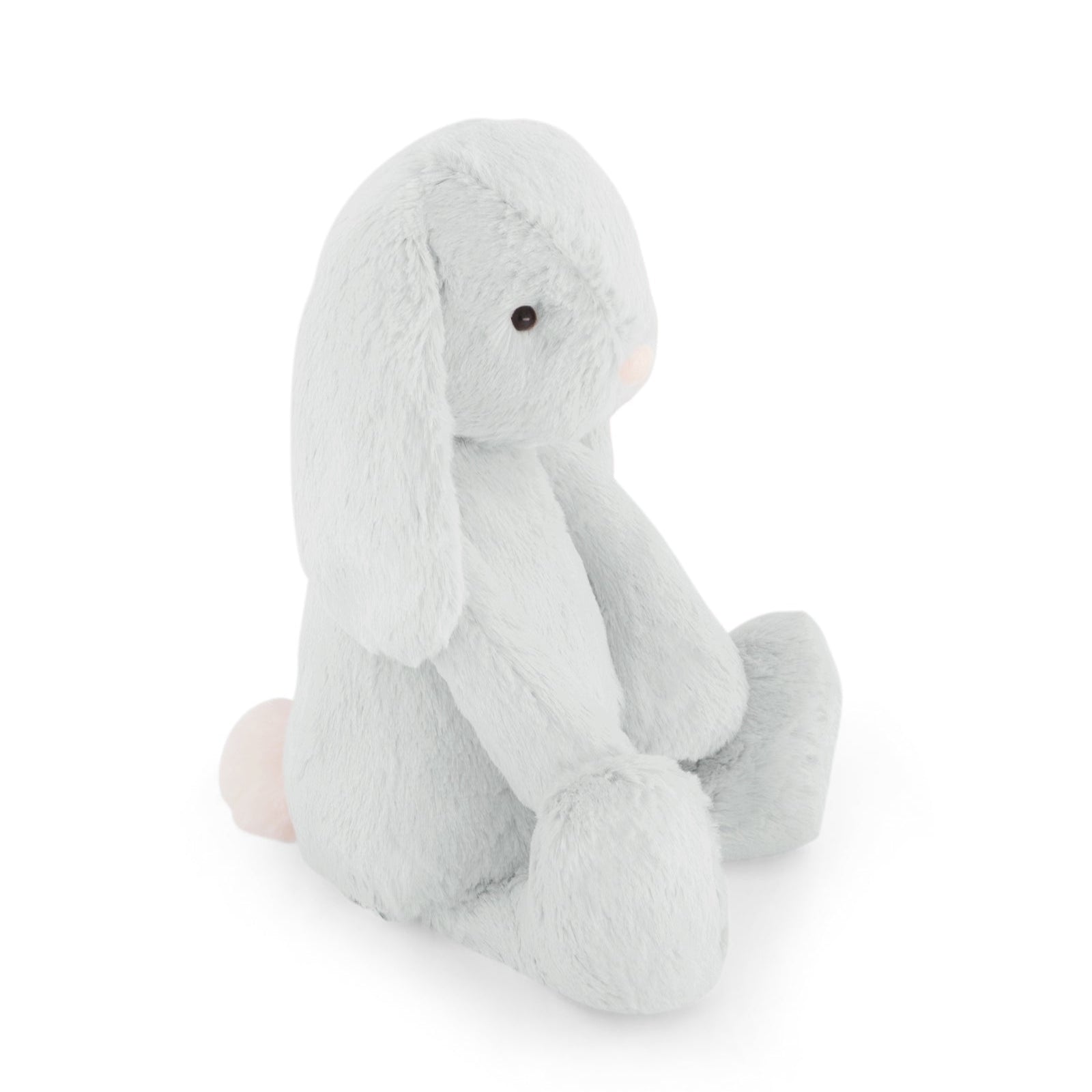Light blue plush bunny toy with pink tail.