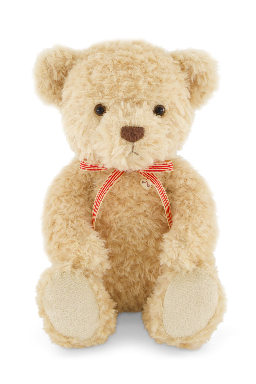 Beige teddy bear with a red ribbon on a white background