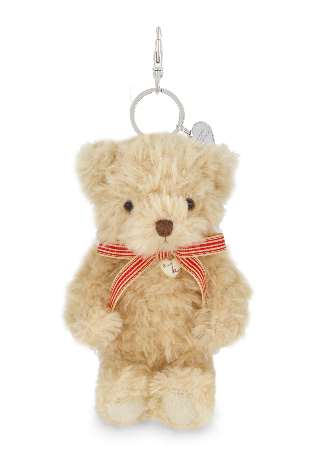 Small teddy bear keychain with a red ribbon on a white background