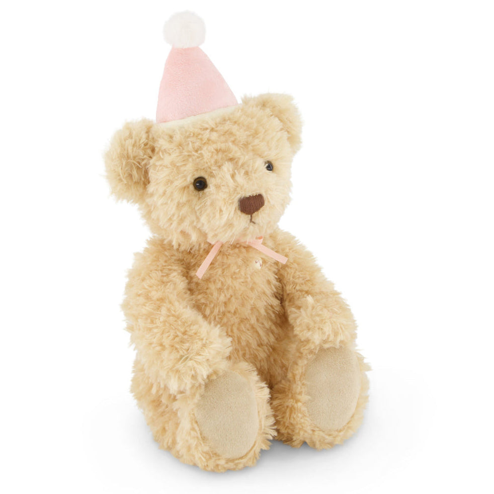Tan teddy bear wearing a pink party hat.