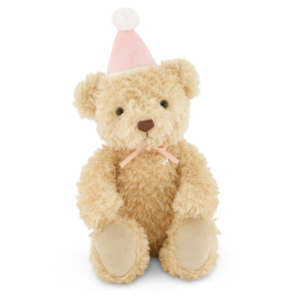 A light-brown teddy bear with a pink birthday hat and bow.