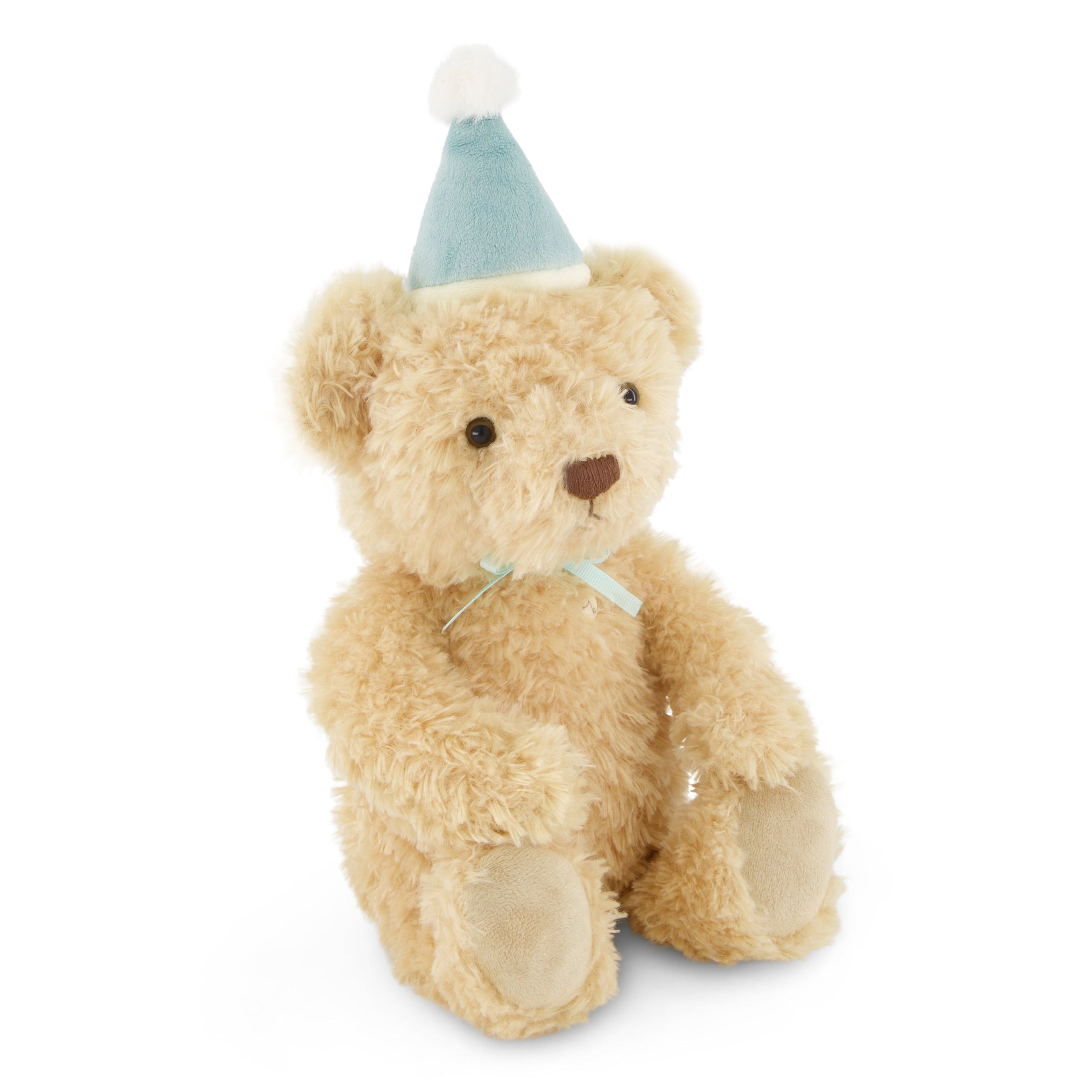 Tan teddy bear wearing a blue party hat.