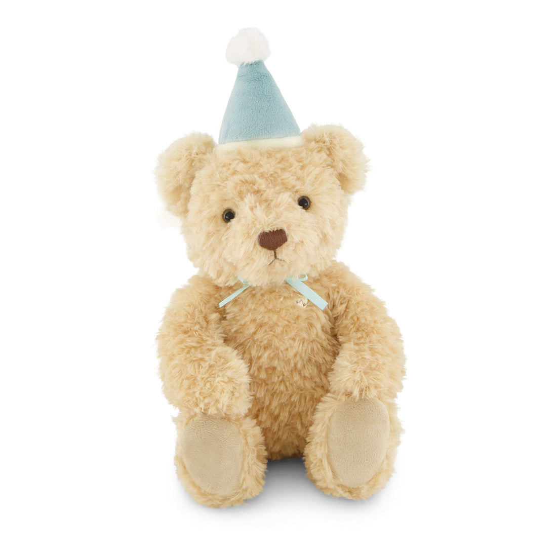 Teddy bear wearing a blue party hat with a white pompom.