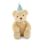 Teddy bear wearing a blue party hat with a white pompom.
