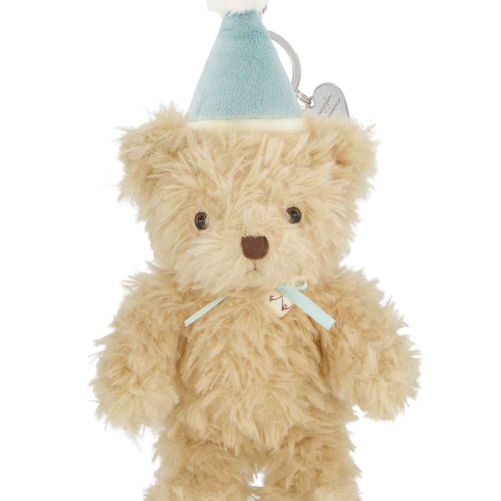 Plush teddy bear with a blue hat on a white background