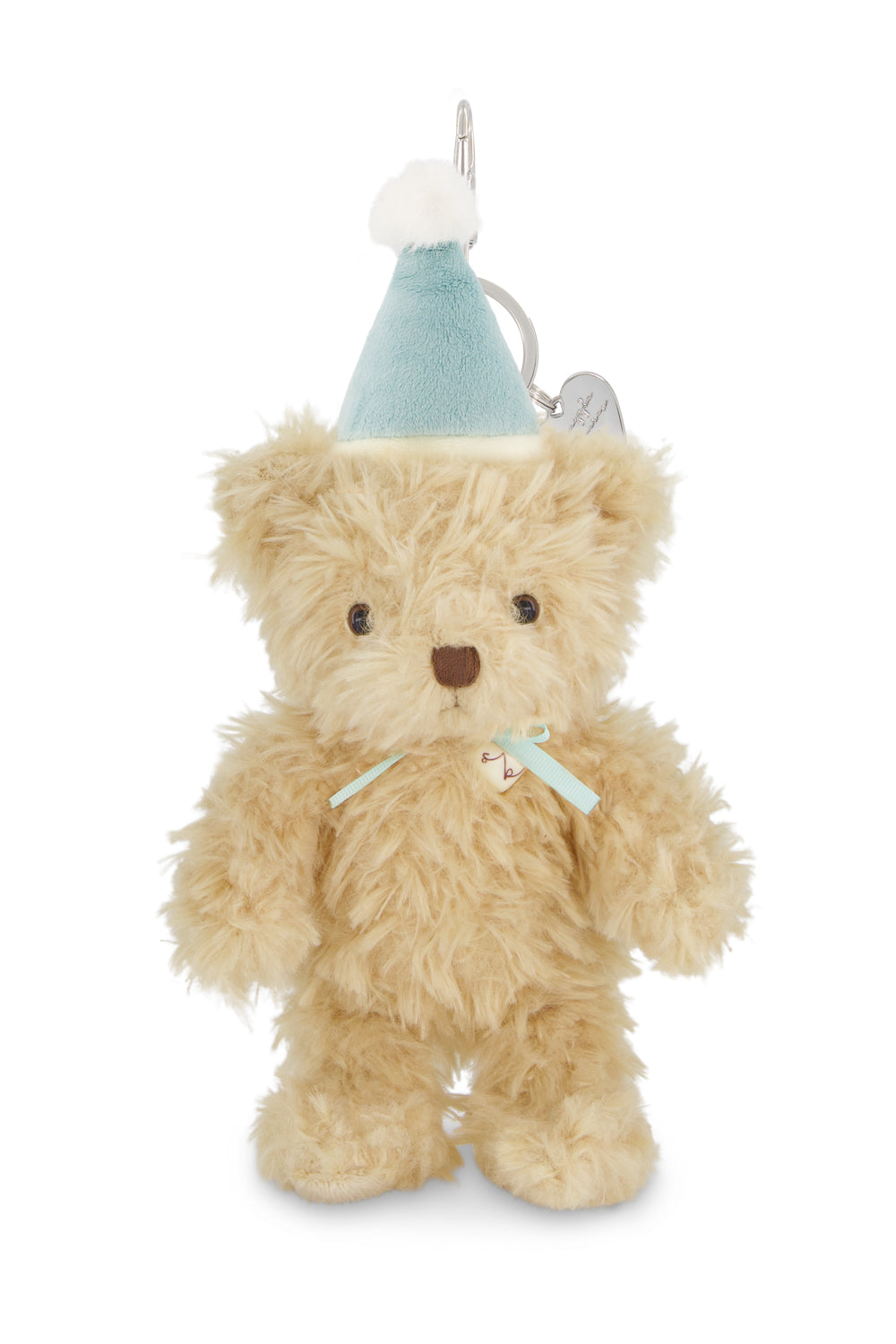 Plush teddy bear with a blue hat on a white background