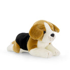 A plush, tan, black, and white beagle lies down.