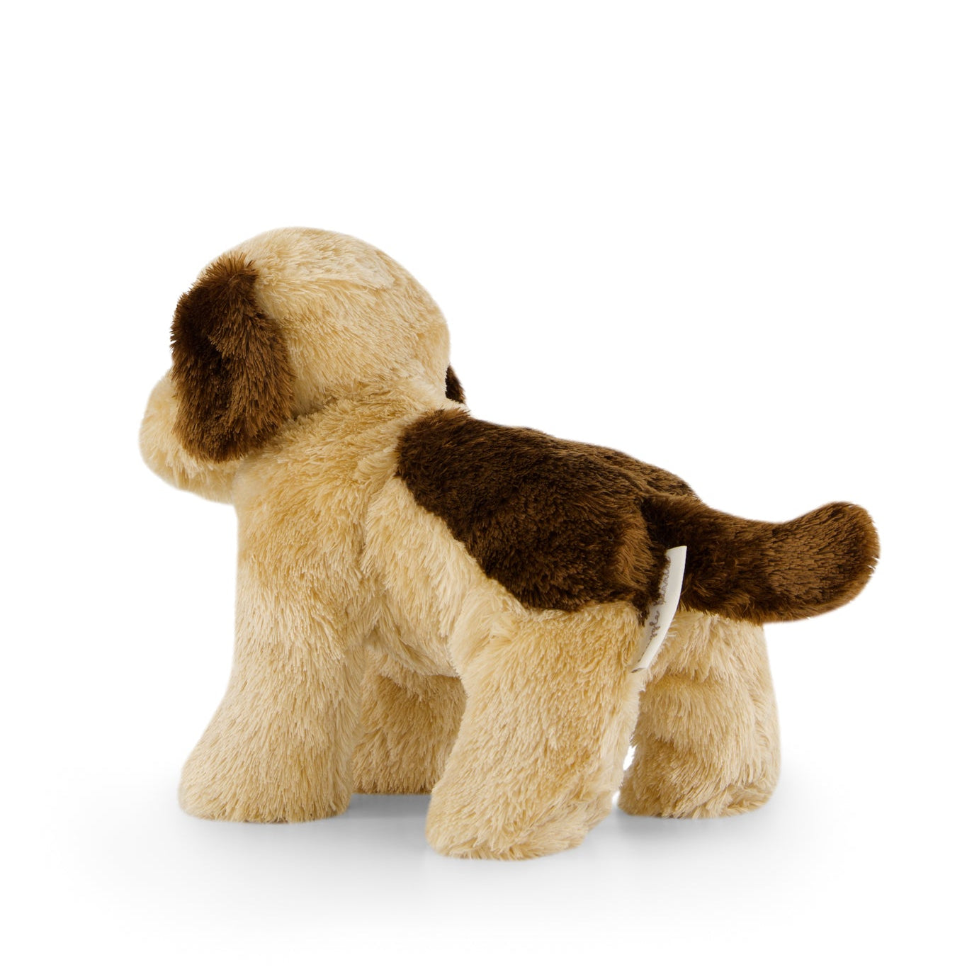 Side view of a brown and tan plush dog toy.