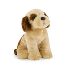 Stuffed tan and brown plush dog sitting.