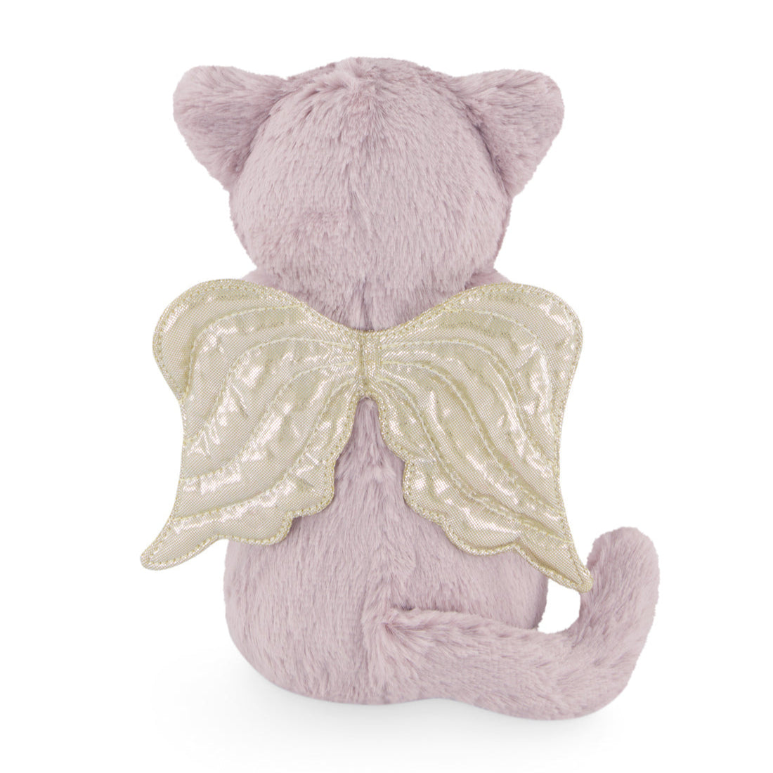 Rear view of a purple plush cat with gold wings.