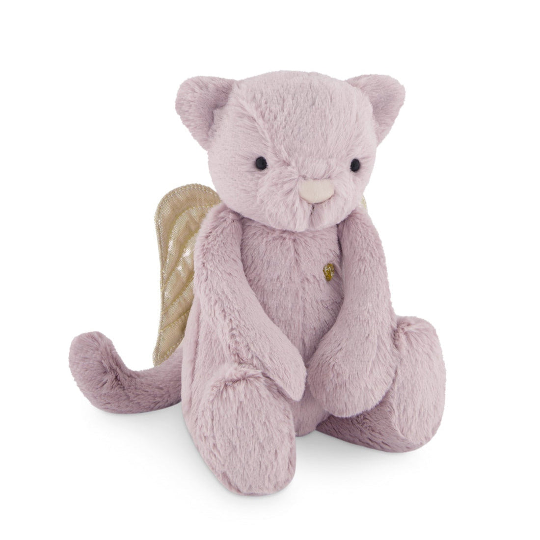 Pink plush toy cat with wings sitting.