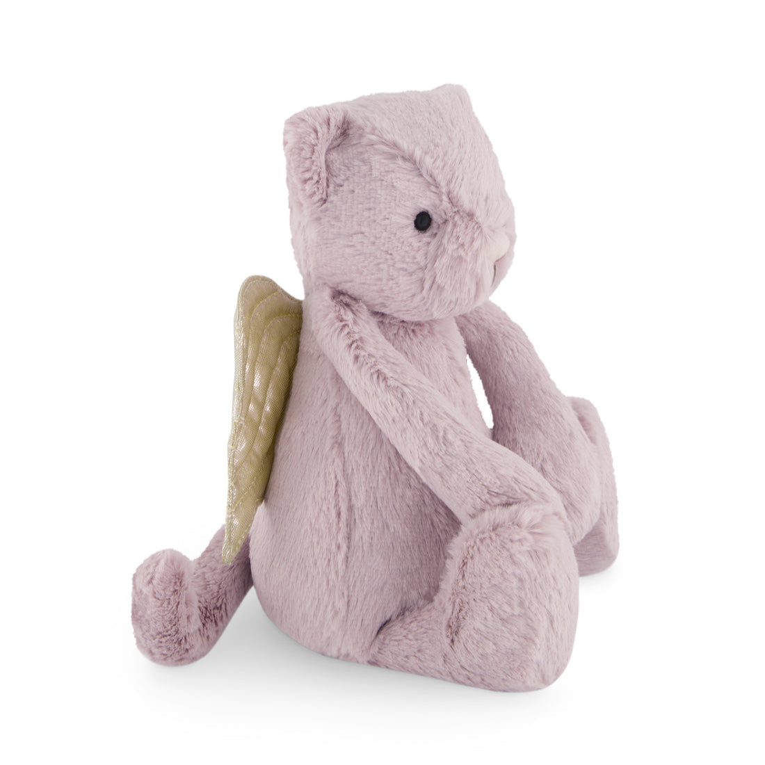 Lavender plush bear with gold wings sitting.