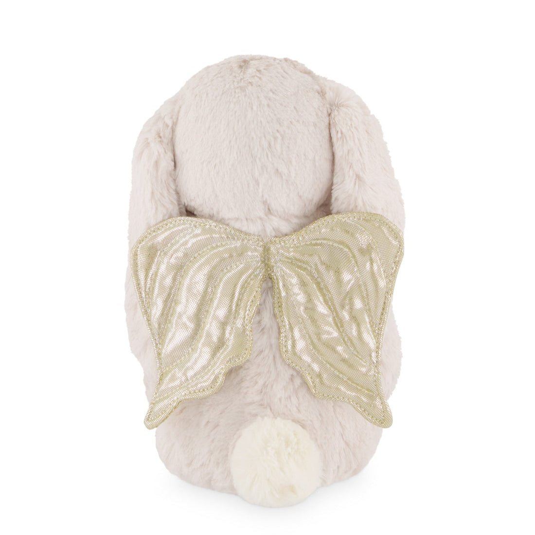 Back view of a tan plush bunny with gold angel wings.