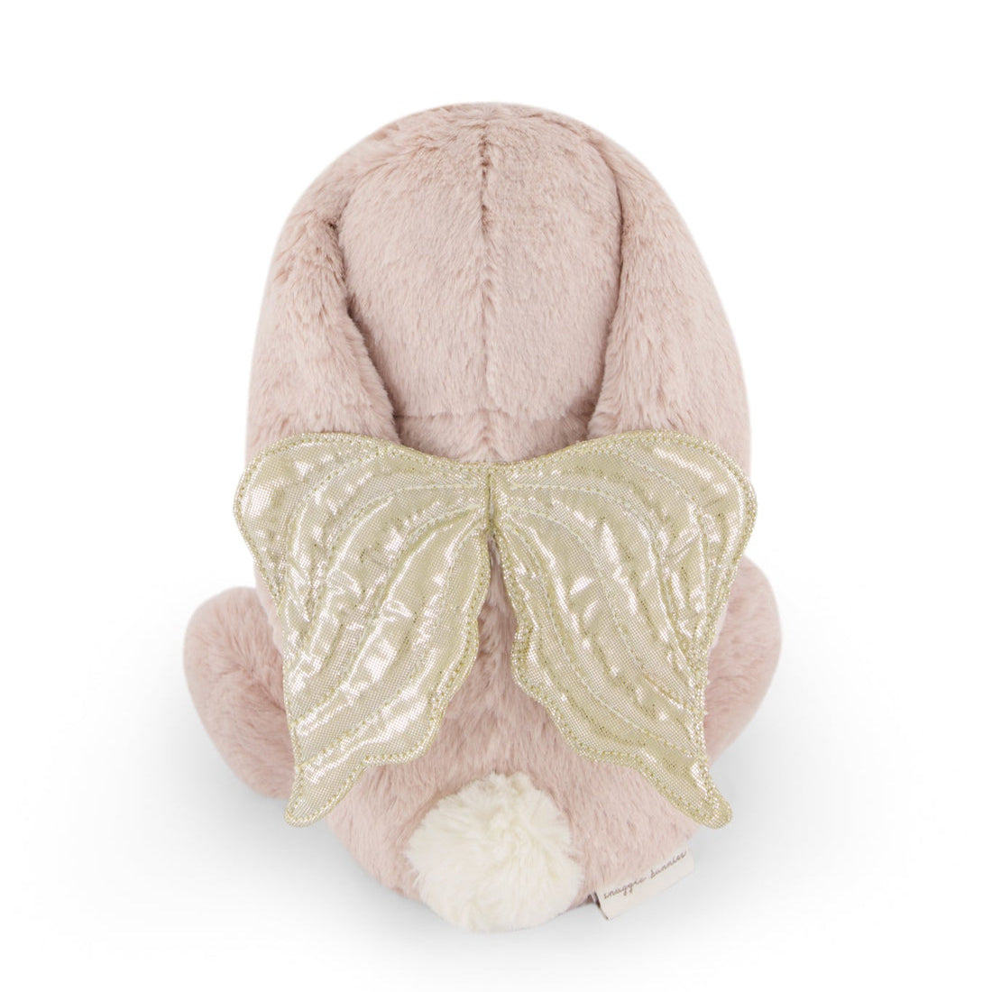 Back view of a pink plush bunny with gold wings and a fluffy white tail.