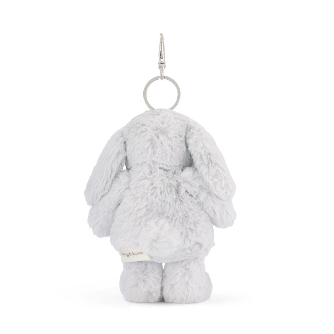 Back of a gray plush bunny keychain.