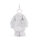 Back of a gray plush bunny keychain.